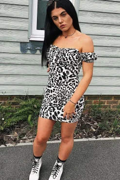 Rebellious Fashion Beige Leopard Print Bow Detail Milkmaid Mini Dress - Galena