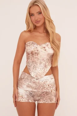 Rebellious Fashion Beige Leopard Print Corset Detail Top & Hot Pants Co-ord Set - Kristal