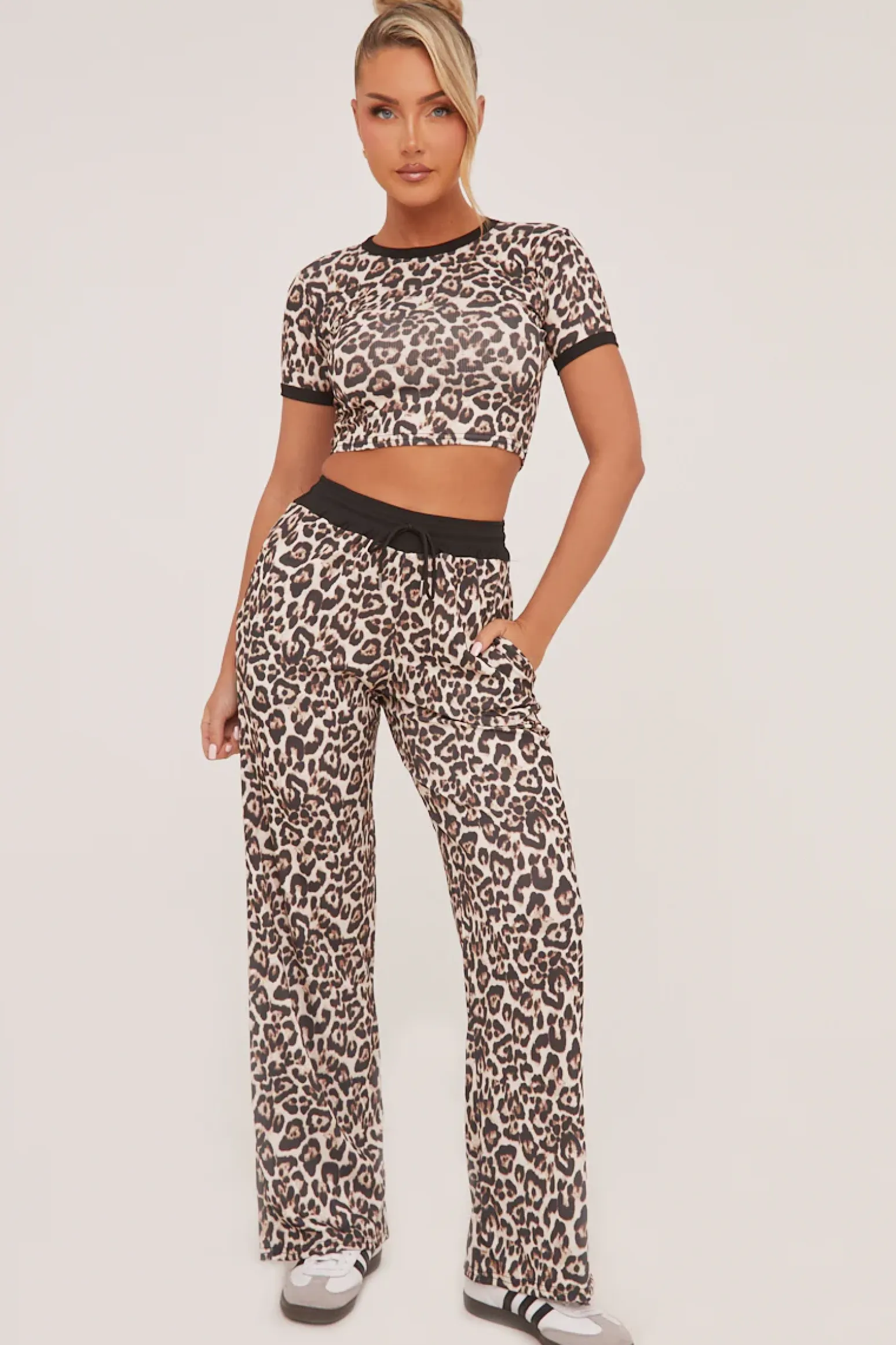 Rebellious Fashion Beige Leopard Print Cropped Top & Straight Leg Trouser Co-ord Set - Ellie