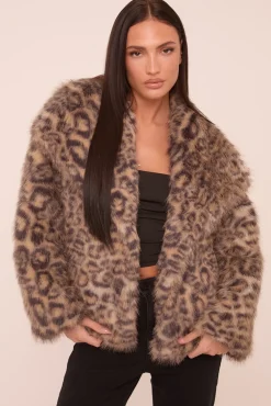 Rebellious Fashion Beige Leopard Print Faux Fur Cropped Coat - Dania
