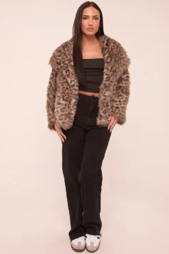 Rebellious Fashion Beige Leopard Print Faux Fur Cropped Coat - Dania