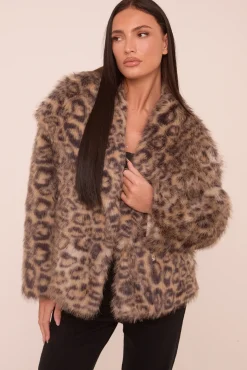 Rebellious Fashion Beige Leopard Print Faux Fur Cropped Coat - Dania