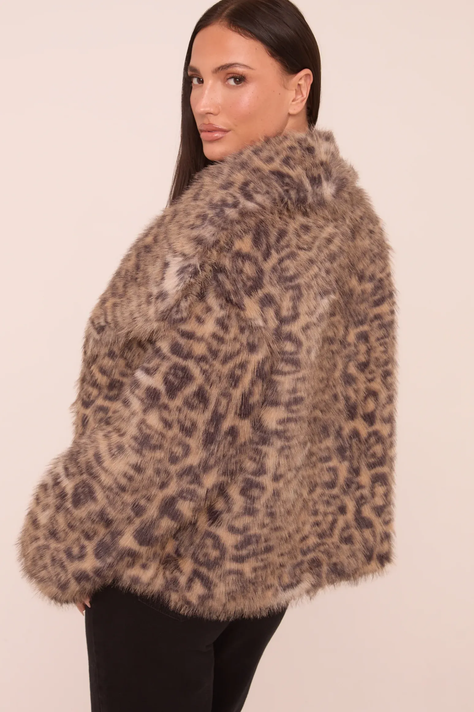 Rebellious Fashion Beige Leopard Print Faux Fur Cropped Coat - Dania