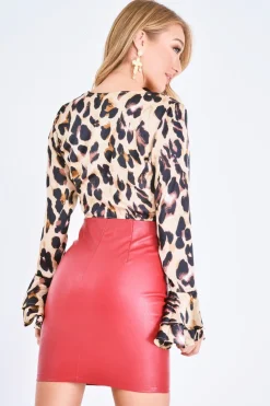 Rebellious Fashion Beige Leopard Satin Tie Front Crop Blouse - Sohana