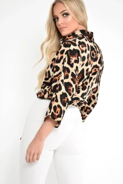 Rebellious Fashion Beige Leopard Tie Front Button Down Blouse - Janiylah