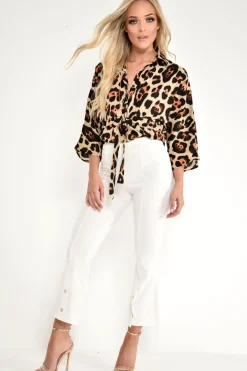 Rebellious Fashion Beige Leopard Tie Front Button Down Blouse - Janiylah