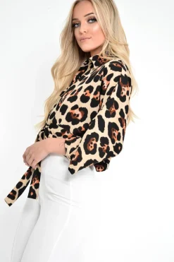Rebellious Fashion Beige Leopard Tie Front Button Down Blouse - Janiylah