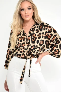 Rebellious Fashion Beige Leopard Tie Front Button Down Blouse - Janiylah