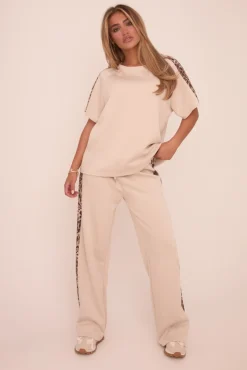 Rebellious Fashion Beige Leopard Trim Oversized T-shirt & Straight Leg Joggers Loungewear Set - Elizabeth