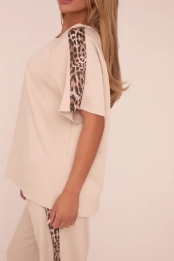 Rebellious Fashion Beige Leopard Trim Oversized T-shirt & Straight Leg Joggers Loungewear Set - Elizabeth