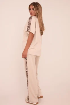 Rebellious Fashion Beige Leopard Trim Oversized T-shirt & Straight Leg Joggers Loungewear Set - Elizabeth