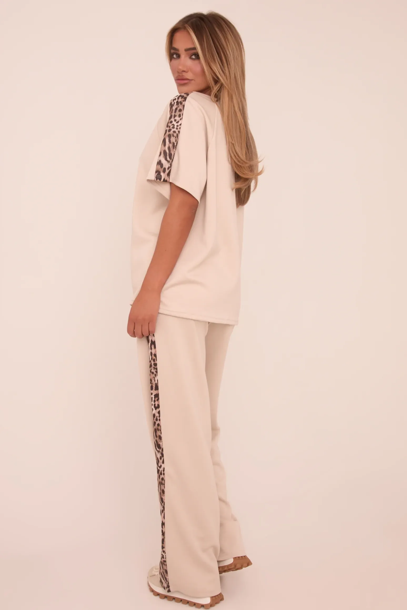 Rebellious Fashion Beige Leopard Trim Oversized T-shirt & Straight Leg Joggers Loungewear Set - Elizabeth