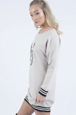 Rebellious Fashion Beige Lies Slogan Jumper Dress - Ellie