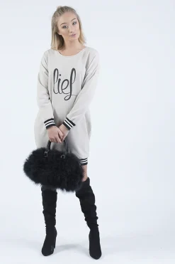 Rebellious Fashion Beige Lies Slogan Jumper Dress - Ellie