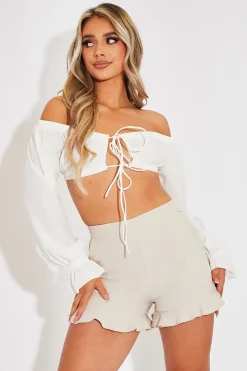 Rebellious Fashion Beige Lightweight Frill Hem Shorts - Elleanora