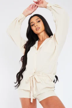 Rebellious Fashion Beige Linen Look Shirt & Shorts Set - Aurelia