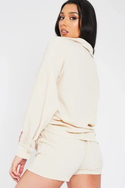 Rebellious Fashion Beige Linen Look Shirt & Shorts Set - Aurelia