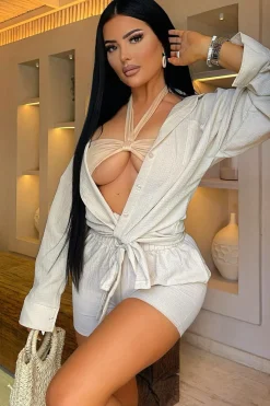 Rebellious Fashion Beige Linen Look Shirt & Shorts Set - Aurelia