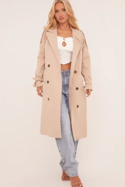 Rebellious Fashion Beige Longline Belt Detail Button Front Trench Coat - Melony