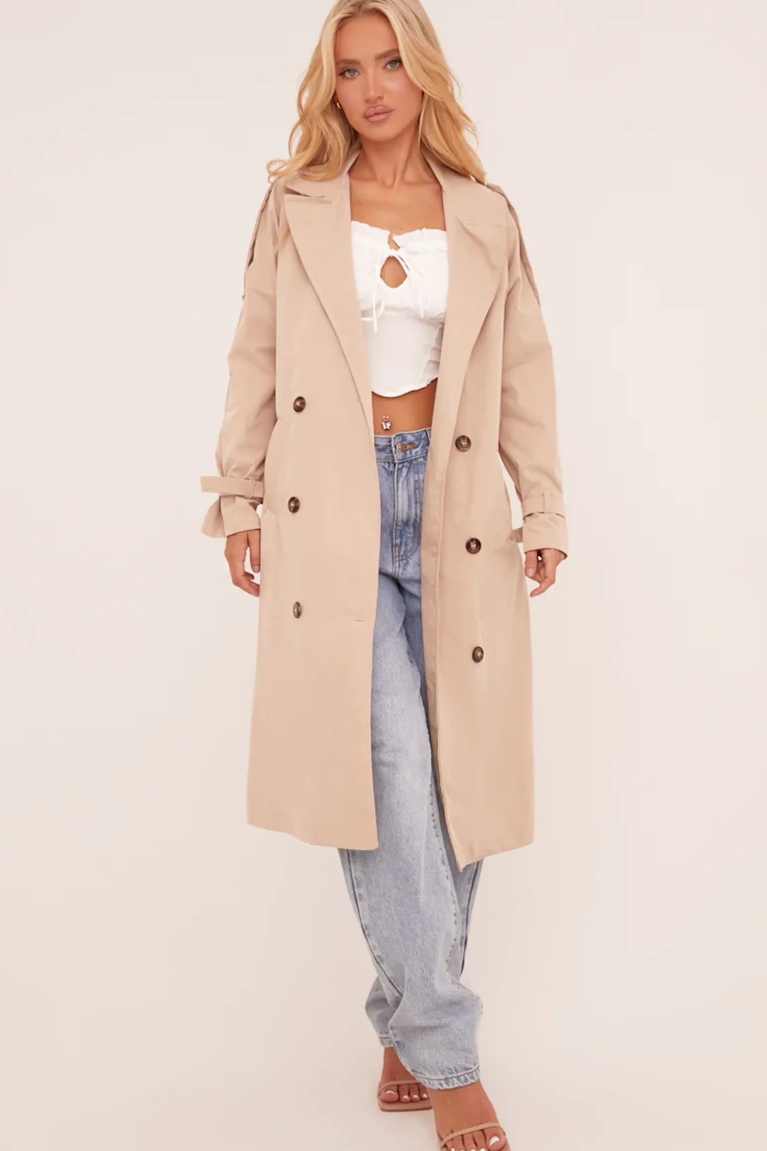 Rebellious Fashion Beige Longline Belt Detail Button Front Trench Coat - Melony