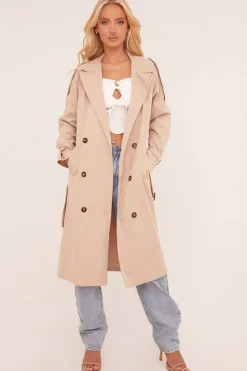 Rebellious Fashion Beige Longline Belt Detail Button Front Trench Coat - Melony