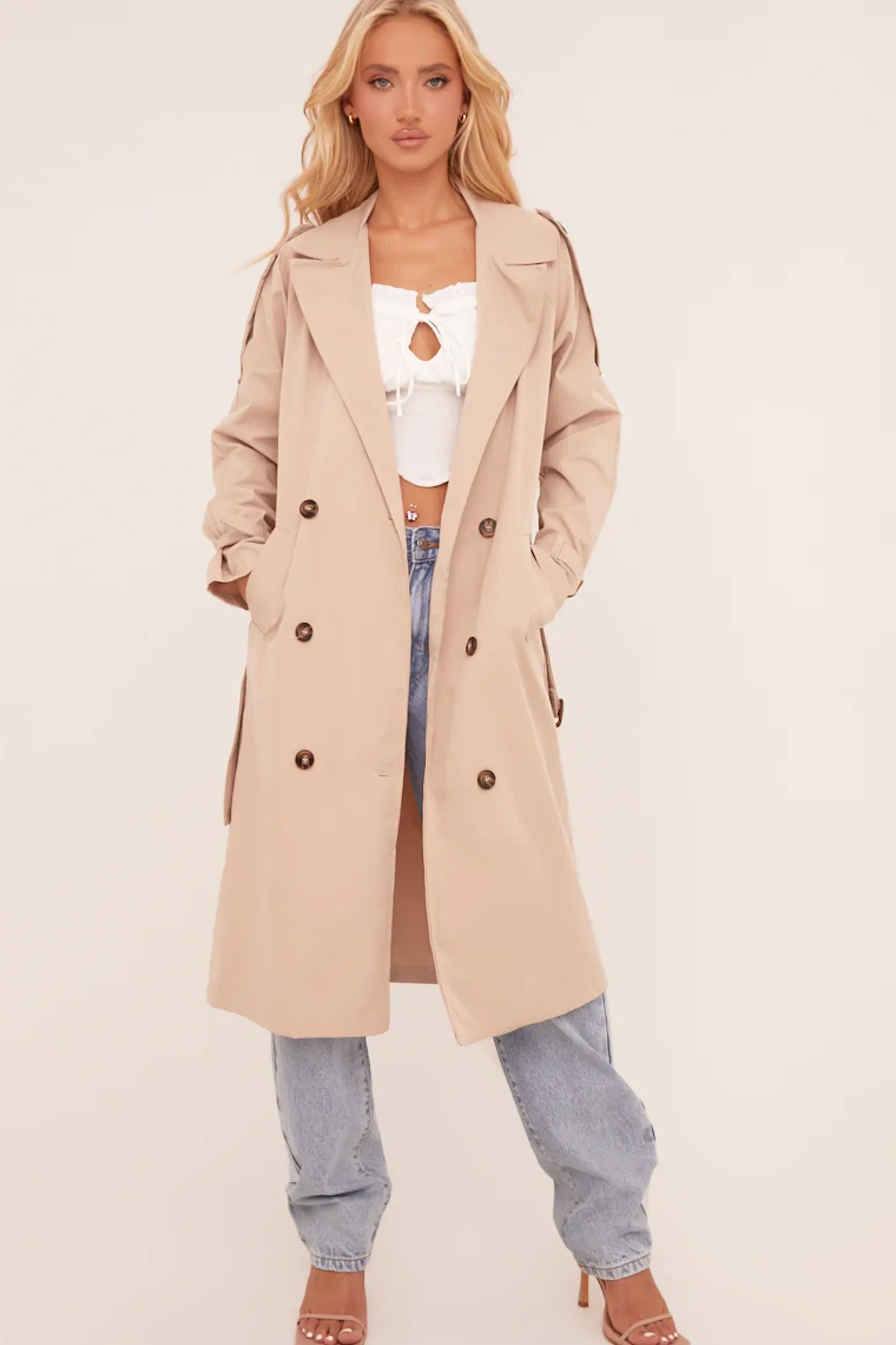 Rebellious Fashion Beige Longline Belt Detail Button Front Trench Coat - Melony