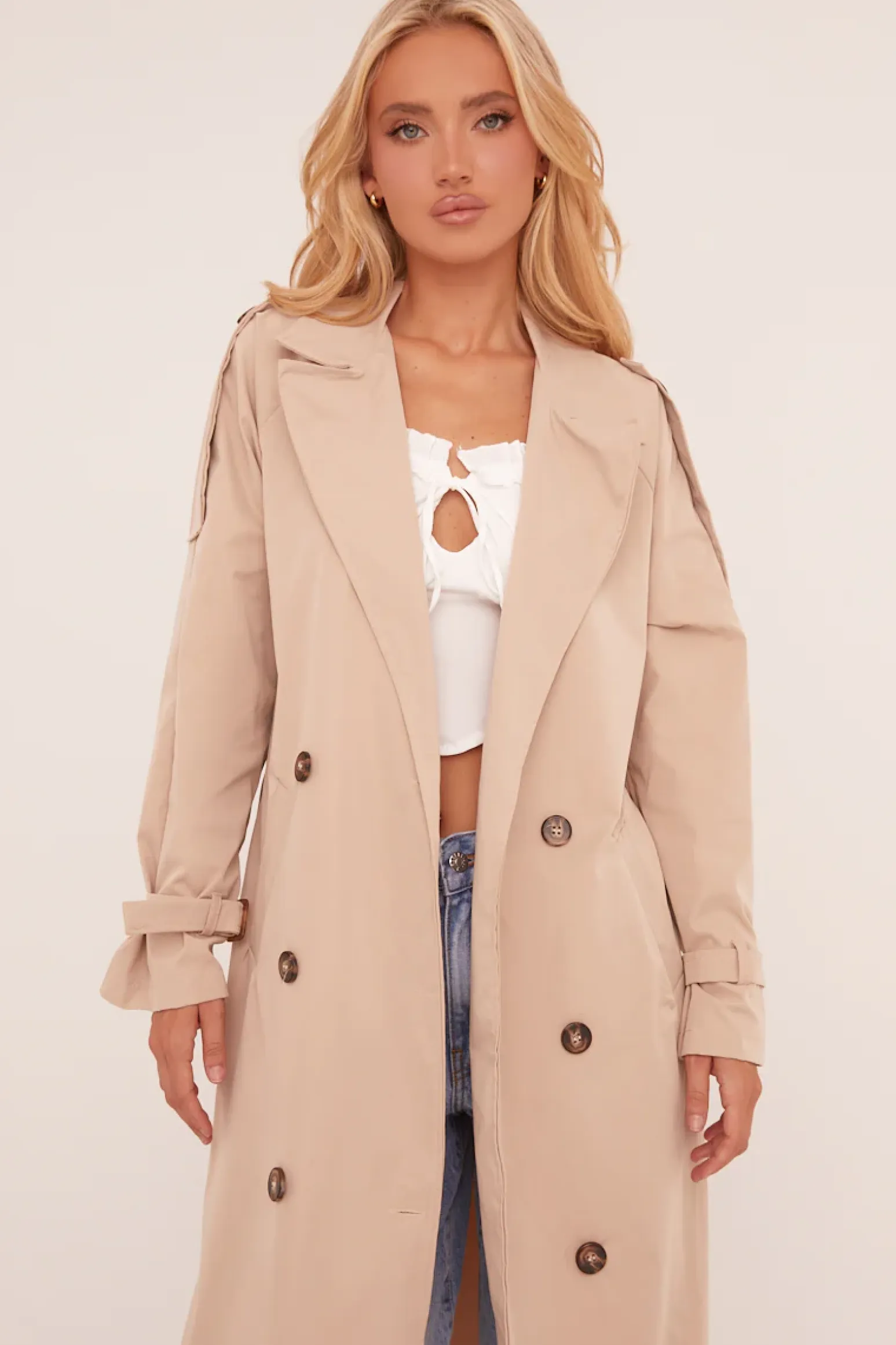 Rebellious Fashion Beige Longline Belt Detail Button Front Trench Coat - Melony