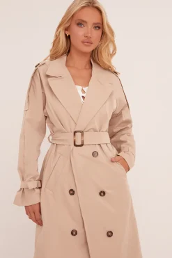 Rebellious Fashion Beige Longline Belt Detail Button Front Trench Coat - Melony