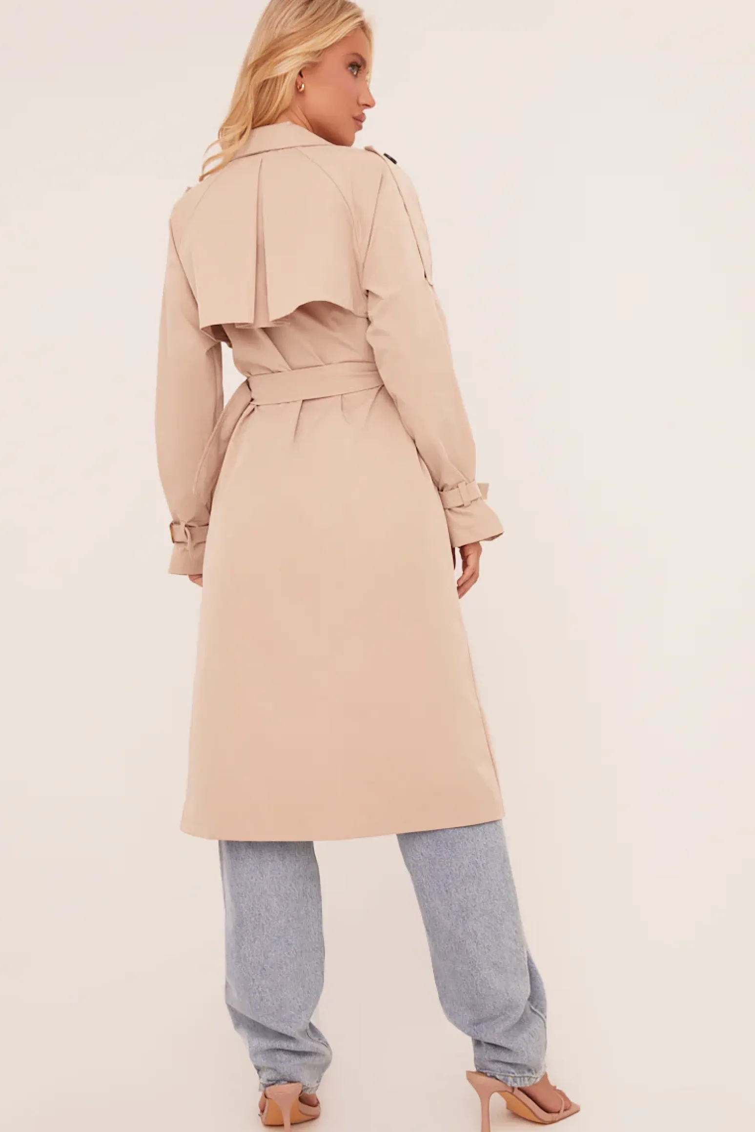 Rebellious Fashion Beige Longline Belt Detail Button Front Trench Coat - Melony