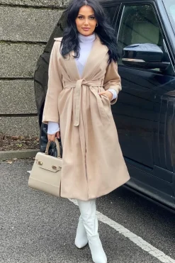 Rebellious Fashion Beige Longline Belted Tailored Coat - Syma