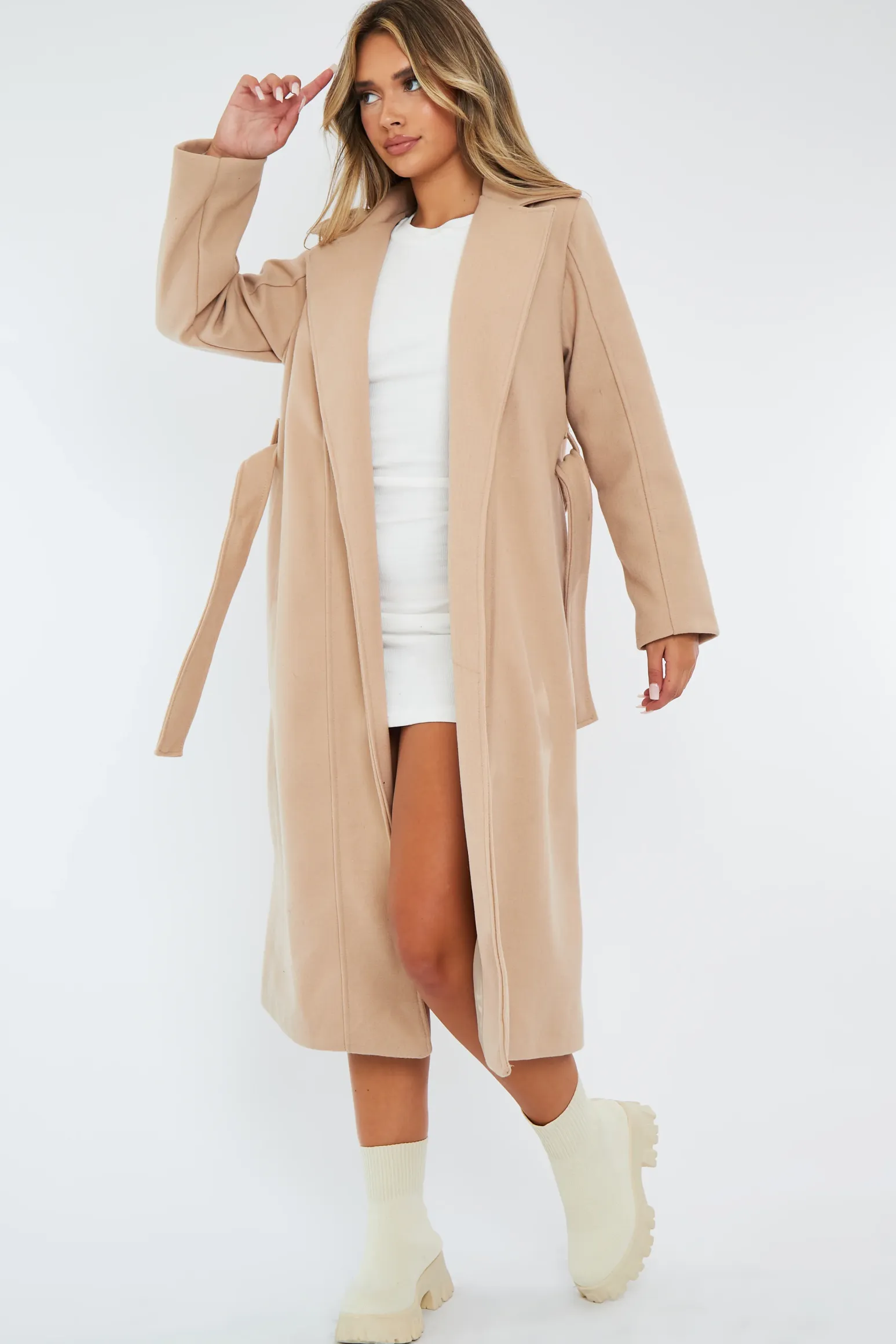 Rebellious Fashion Beige Longline Belted Tailored Coat - Syma