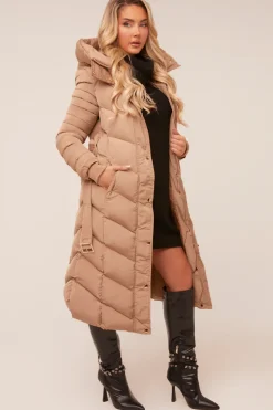 Rebellious Fashion Beige Longline Hooded Puffer Jacket - Shauna