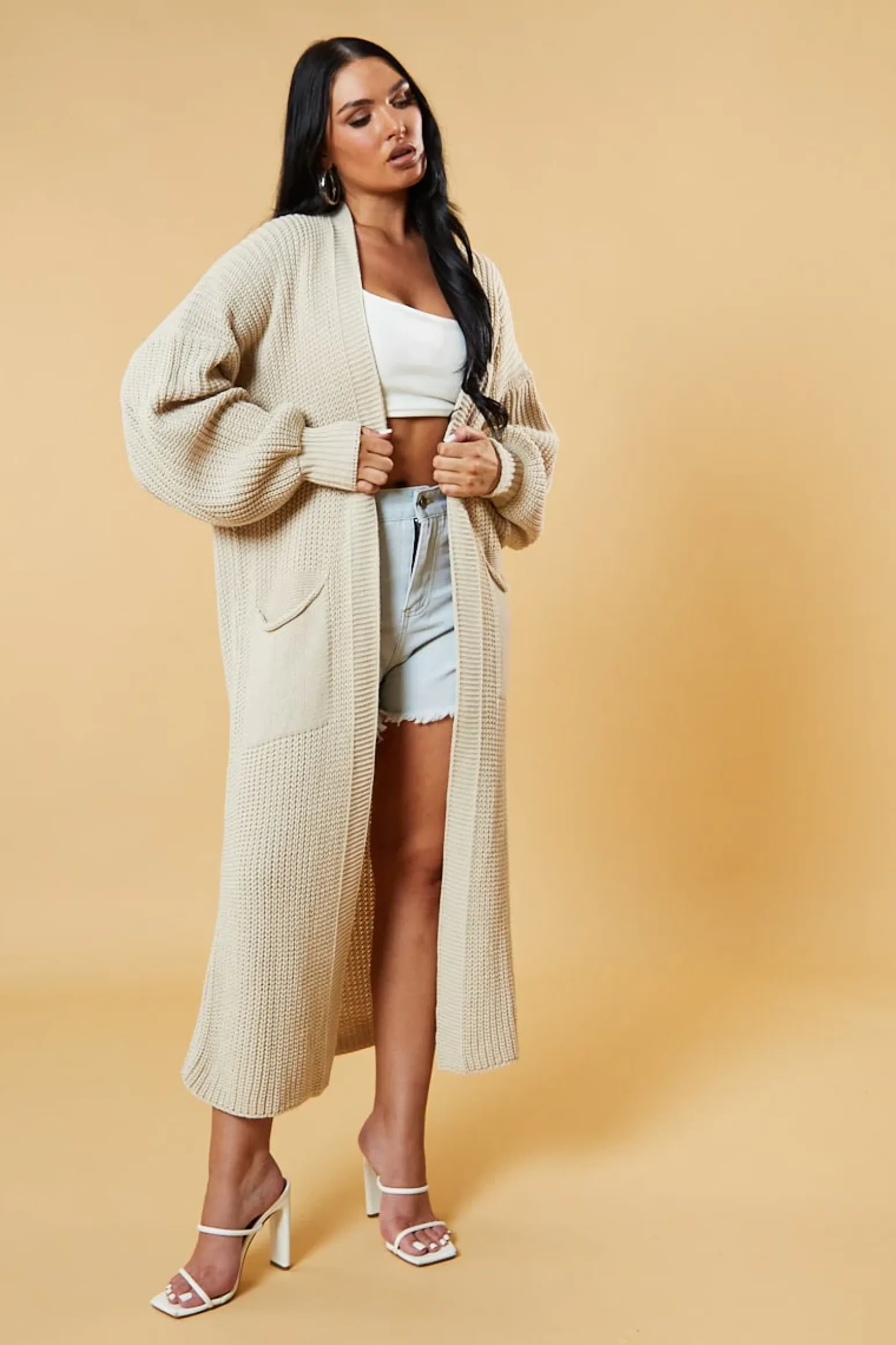 Rebellious Fashion Beige Longline Knit Maxi Cardigan - Ema