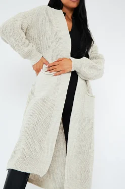 Rebellious Fashion Beige Longline Relaxed Fit Front Pockets Cardigan - Leah