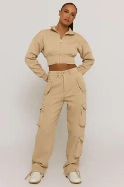 Rebellious Fashion Beige Marl Cropped Cargo Lounge Co-ord Set - Lizzie