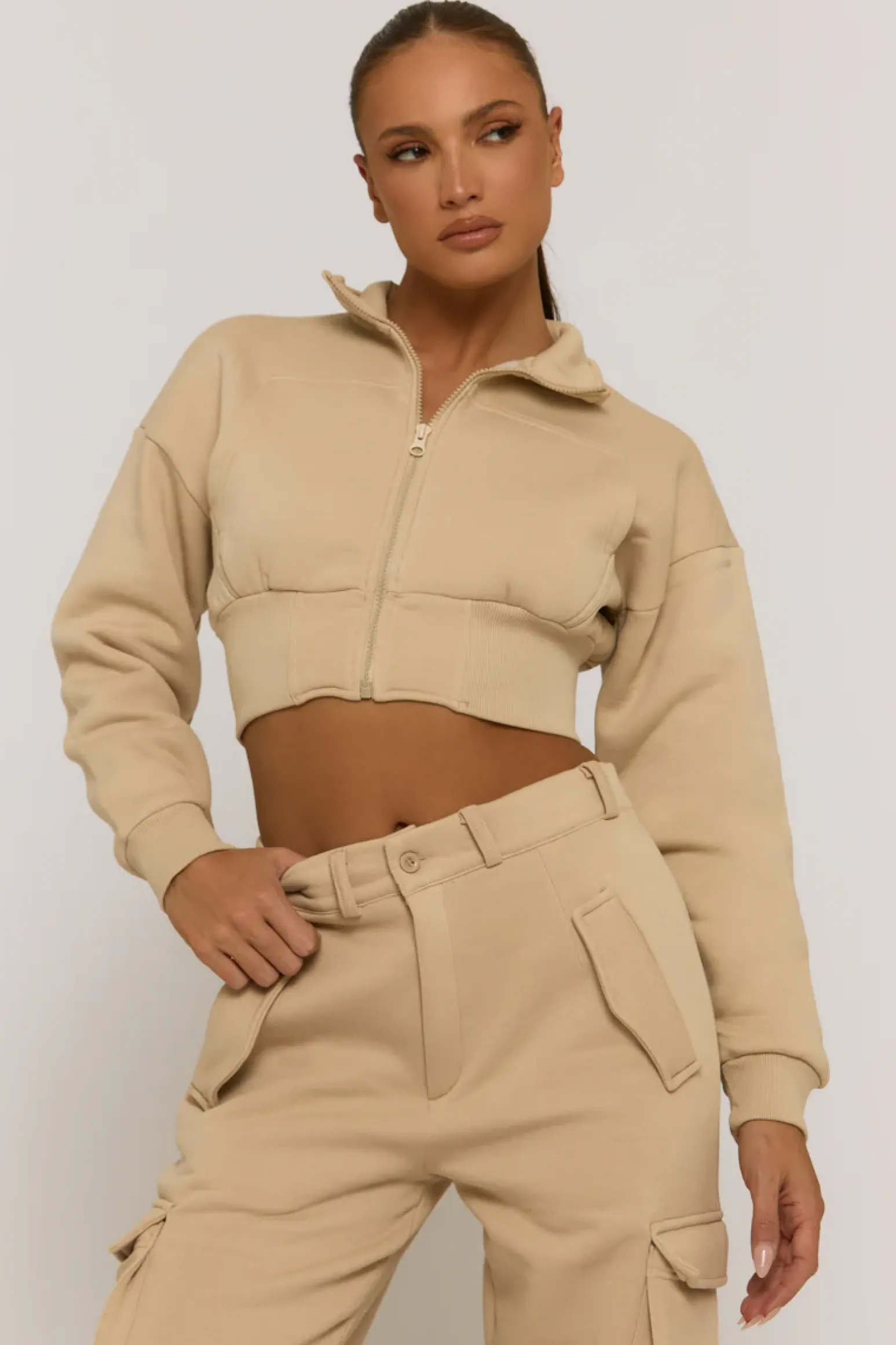 Rebellious Fashion Beige Marl Cropped Cargo Lounge Co-ord Set - Lizzie