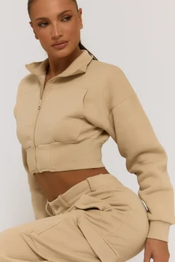 Rebellious Fashion Beige Marl Cropped Cargo Lounge Co-ord Set - Lizzie