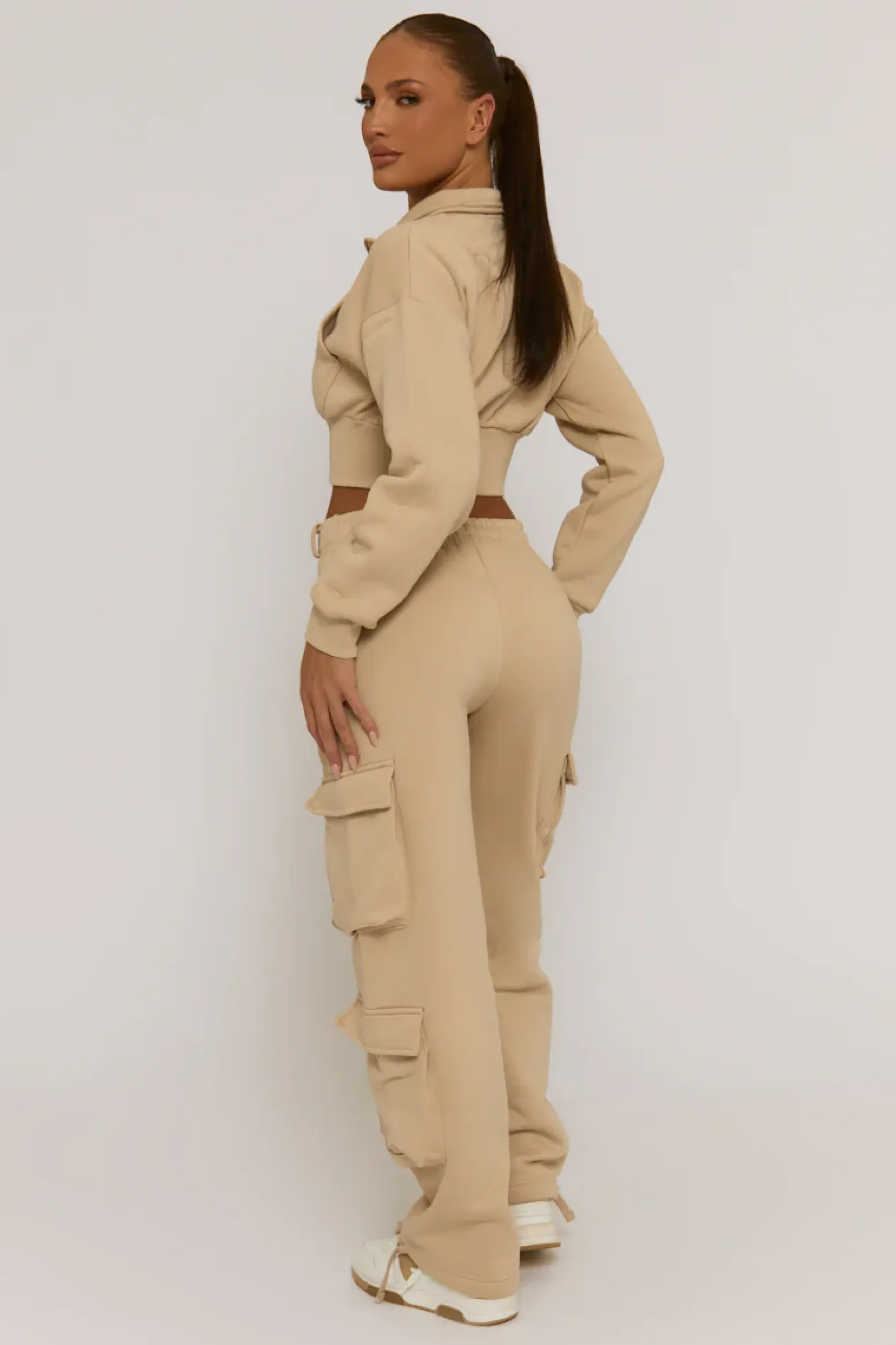 Rebellious Fashion Beige Marl Cropped Cargo Lounge Co-ord Set - Lizzie