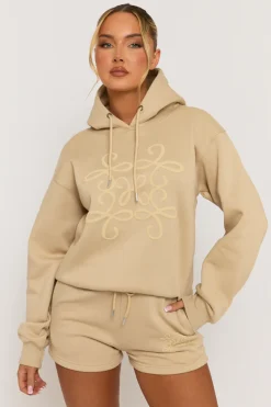 Rebellious Fashion Beige Marl Swirl Motif Hoodie & Shorts Loungewear Co-ord Set - Dimity