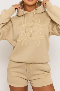 Rebellious Fashion Beige Marl Swirl Motif Hoodie & Shorts Loungewear Co-ord Set - Dimity
