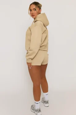Rebellious Fashion Beige Marl Swirl Motif Hoodie & Shorts Loungewear Co-ord Set - Dimity