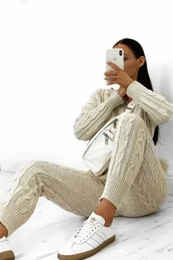 Rebellious Fashion Beige Mesh Insert Jumper and Leggings Co-ord - Laurie