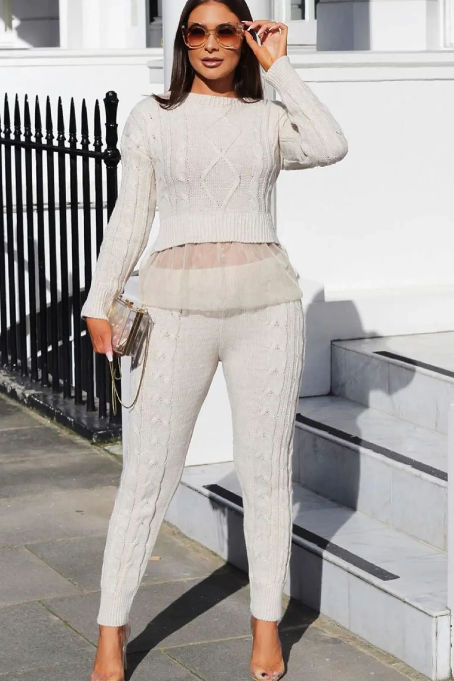 Rebellious Fashion Beige Mesh Insert Jumper and Leggings Co-ord - Laurie