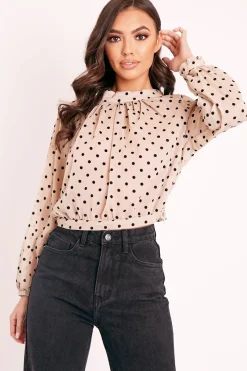 Rebellious Fashion Beige Metallic Polka Pleated Front Blouse - Cabella