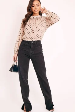Rebellious Fashion Beige Metallic Polka Pleated Front Blouse - Cabella