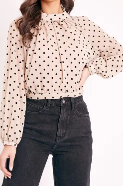 Rebellious Fashion Beige Metallic Polka Pleated Front Blouse - Cabella