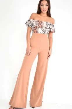 Rebellious Fashion Beige Mixed Animal Print Bardot Bodysuit - Jaye