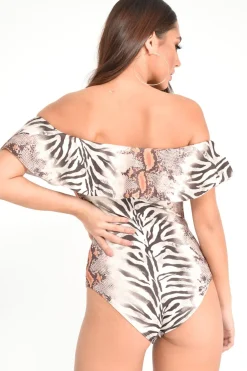 Rebellious Fashion Beige Mixed Animal Print Bardot Bodysuit - Jaye