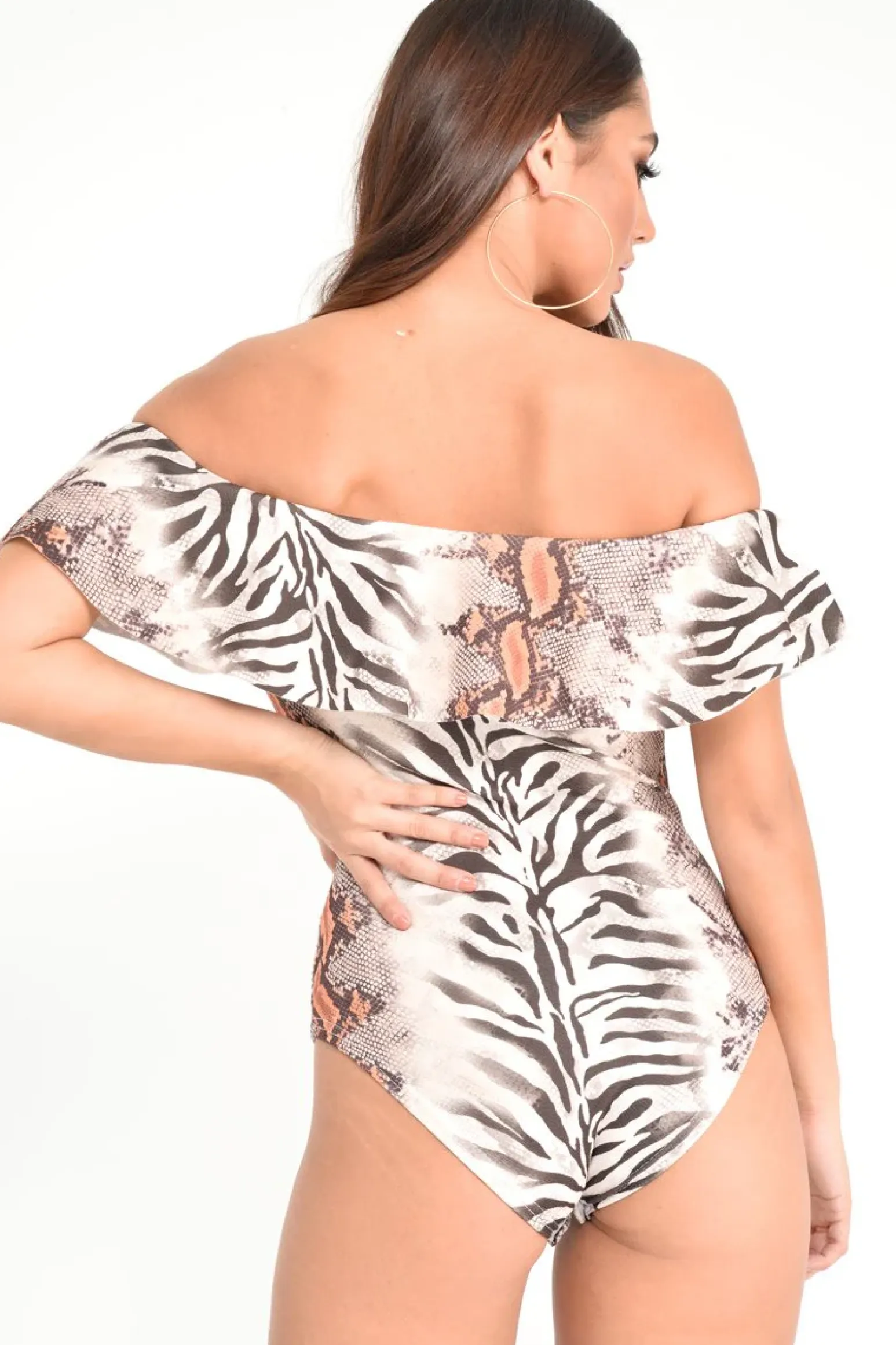 Rebellious Fashion Beige Mixed Animal Print Bardot Bodysuit - Jaye