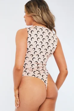 Rebellious Fashion Beige Moon Print Seamless Bodysuit - Marine